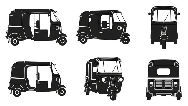 Sri Lankan Tuk Tuk Silhouette Icon Set &ndash; Minimal Flat Vector Collection Isolated on White Background