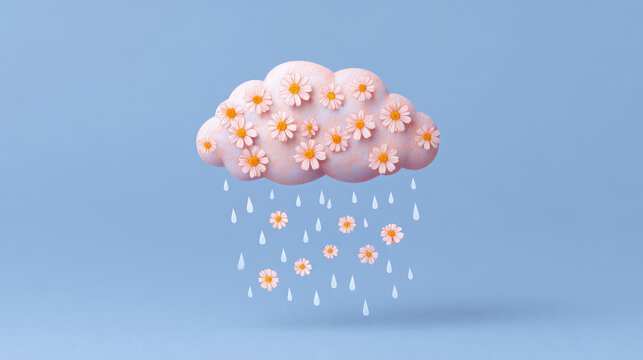 Pink cloud with white daisies raining flowers and droplets against a light blue background, creating a whimsical and cheerful illustration suitable for various designs