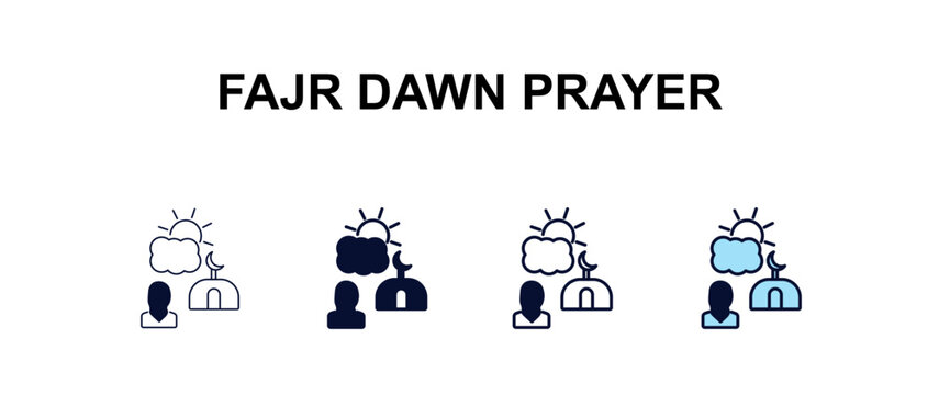 fajr dawn prayer multi-style outline icon set - religion concept. Thin line, regular, filled, colored fajr dawn prayer icon