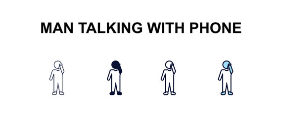 Fototapeta premium man talking with phone multi-style outline icon set - people concept. Thin line, regular, filled, colored man talking with phone icon