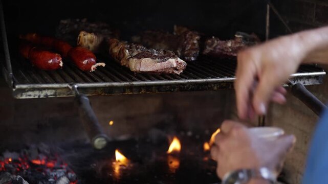 Meat Cooking on Grill Over Open Fire Close-Up