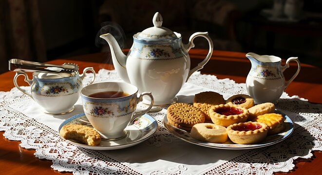 A tea set with a plate of cookies on a table