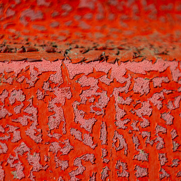 View of a close-up of peeling, vibrant orange paint reveals the textured layers beneath, a study in decay and color contrast, Dronten, Flevoland, Netherlands.