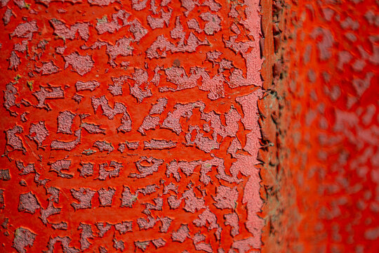 View of peeling, vibrant red paint on a textured surface creates an abstract landscape of color and decay, Dronten, Flevoland, Netherlands.