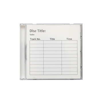Transparent plastic cd jewel case with minimalist paper label featuring white fields for data entry lying on a transparent surface, nostalgic archival concept