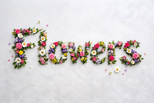 The word Flowers spelled out in flowers and leaves on a white textured background