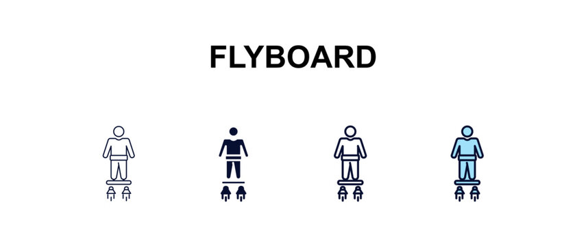 flyboard multi-style outline icon set - ai and tech concept. Thin line, regular, filled, colored flyboard icon