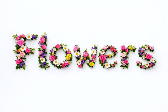 The word Flowers spelled out in flowers and leaves on a white textured background