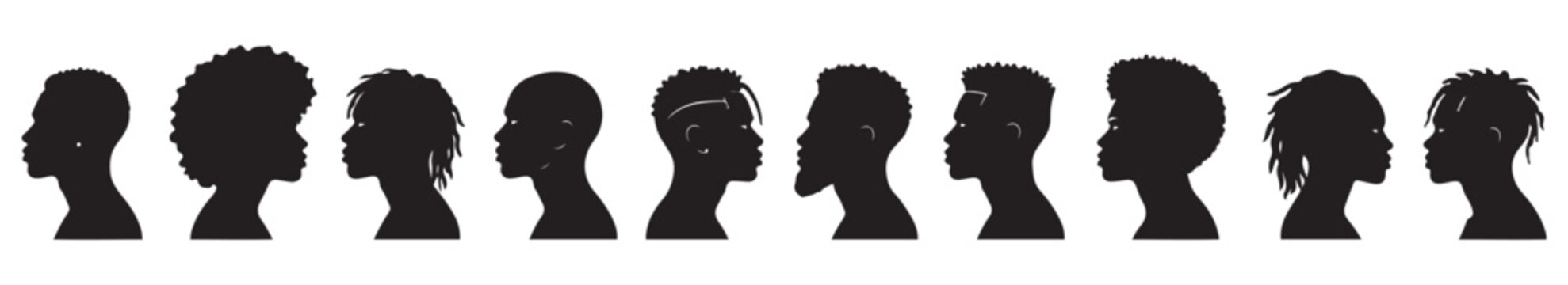 Silhouette of a black man of African American descent, minimalistic drawing, vector set on transparent background.