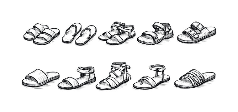 Collection of hand-drawn sandals and flip-flops in various styles