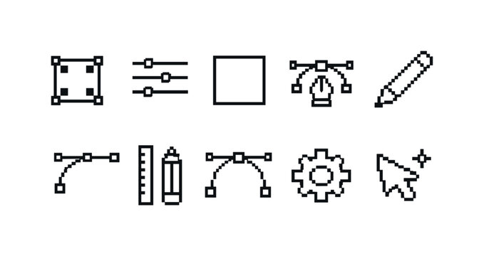 Collection of pixel art icons for graphic design and digital creation tools