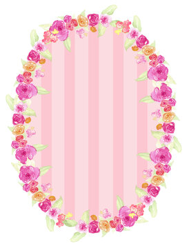 Cornice ovale a righe rosa verticali contornata di rose