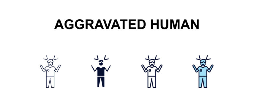 aggravated human multi-style outline icon set - feelings concept. Thin line, regular, filled, colored aggravated human icon