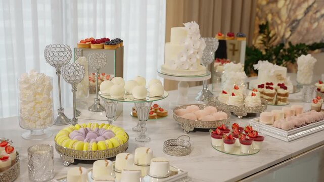 Luxurious dessert table with various pastries for celebration. Candy bar concept.