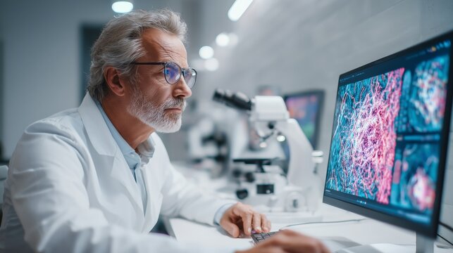 Laboratory scientist analyzing microscopic pathology images on a monitor, perfect for diagnostics, biomedical research, and digital healthcare