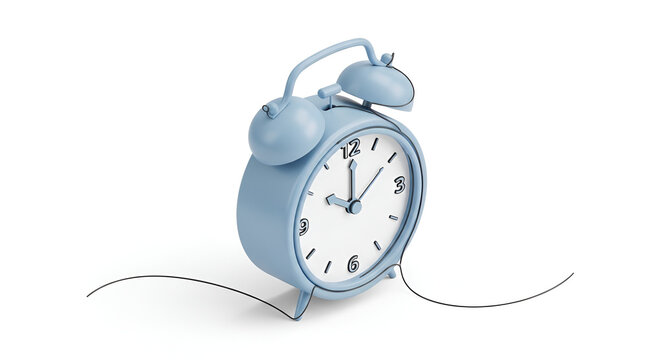 Retro blue alarm clock with two bells and handles, showing 3 o'clock, isolated on a white background, perfect for time management concepts