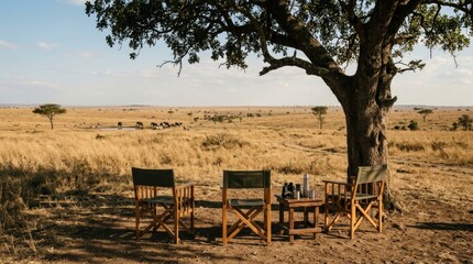 Breakfast at an African lodge surrounded by bush wilderness, offering a serene safari experience. 