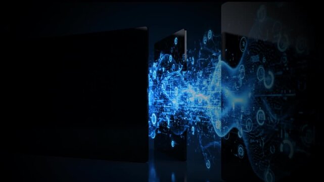Futuristic Data Transfer Between Digital Systems, Blue Energy Network Flow Technology 3D Animation 4K