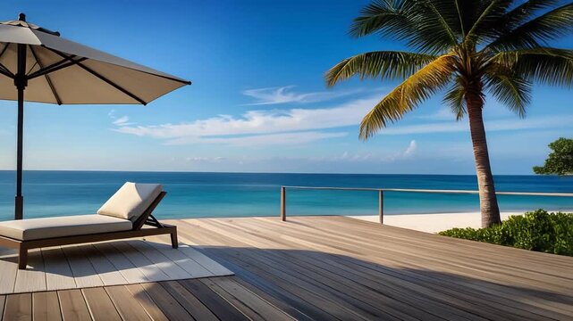 Luxury seaside terrace with sun lounger and umbrella facing calm blue ocean horizon