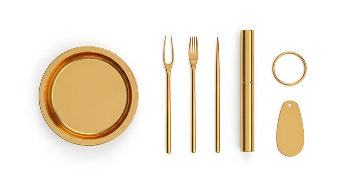 Set of golden cutlery and serving accessories, isolated on a white background, elegant design, perfect for fine dining and event catering