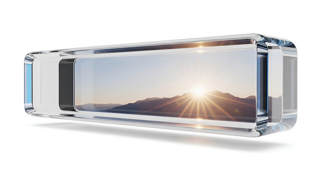 Transparent glass bus reflecting a sunny mountain landscape, conceptual illustration of travel and eco-friendly transport, on a white background