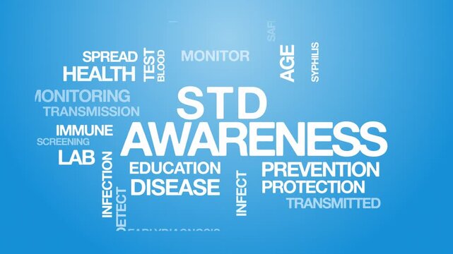 STD awareness concept Animated Tag Word Cloud kinetic typography Animation seamless loop video motion graphics Intro sexually transmitted disease wordart blue background backdrop bg clip campaign 
