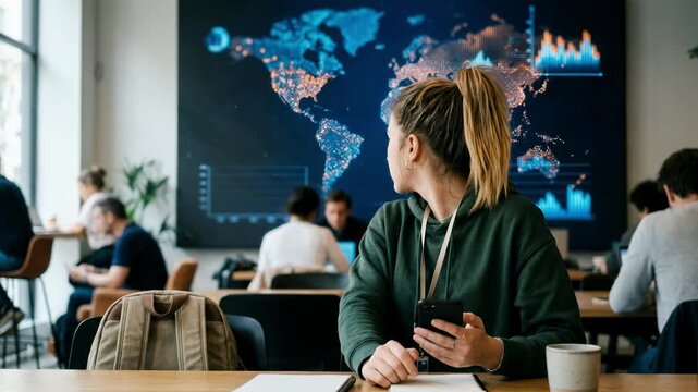 Medium shot of a gig worker using a smartphone as AIpowered credit risk scoring analyzes alternative financial data in the background highlighting machine learning technology.