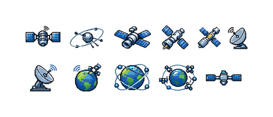 Obraz na płótnie Canvas Collection of pixel art icons depicting satellites and Earth in orbit