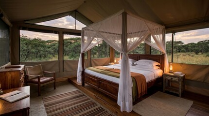 African lodge nestled in scenic nature, offering a tranquil travel experience and safari retreat.