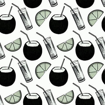  Patr&oacute;n sin costuras con cocos y limas en estilo de contorno minimalista.
