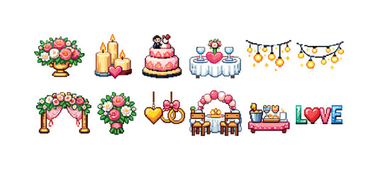 Fototapeta premium Pixel art wedding icons collection for romantic celebrations and events