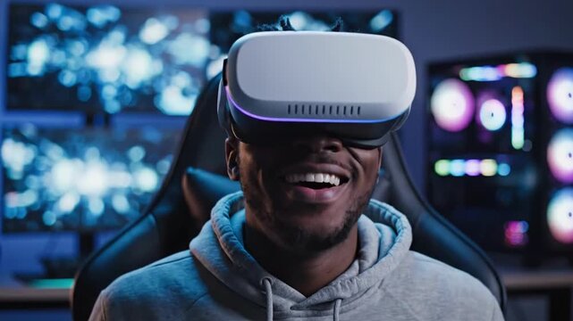 Young african american man wearing vr headset holding controllers and reacting with excitement in gaming room with neon lights, immersive virtual reality experience concept