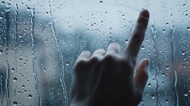 Person Drawing a Heart Shape on a Rainy Windowpane