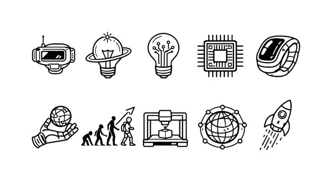 Collection of icons representing innovation, technology, and progress