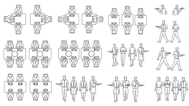 Top-Down Restaurant CAD Human Figures, Seated Diners and Waiter Poses, Technical Blueprint Line Drawing, White Background, Hospitality Illustration