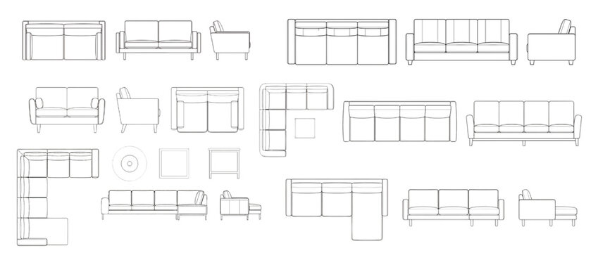 Sofa and Couch Furniture CAD Block Library: Technical Blueprint Vectors for Interior Design and Architectural Planning (Top, Front, Side Views)