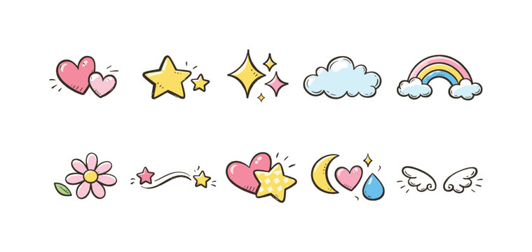 Collection of cute hand-drawn doodle icons featuring hearts, stars, clouds, and a rainbow