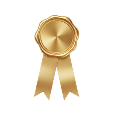 Circular gold wax seal with intricate scalloped edges and reflective surface, paired with soft golden satin ribbons against a minimalist white background luxury theme