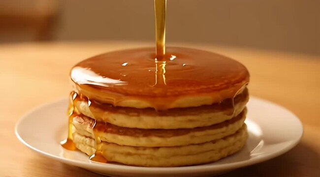 A luscious stack of pancakes drenched in dripping, golden brown maple syrup