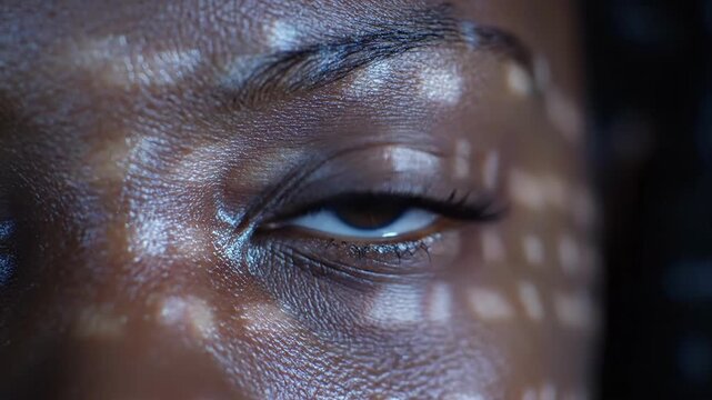 Close up of eye of afro american woman with blue light reflections moving across skin, detailed eyelashes and natural texture in macro, concept of vision and modern technology