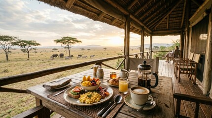 Breakfast at an African lodge surrounded by bush wilderness, offering a serene safari experience. 