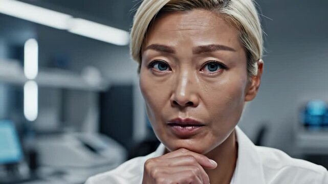 Closeup of focused asian female scientist or doctor in laboratory setting