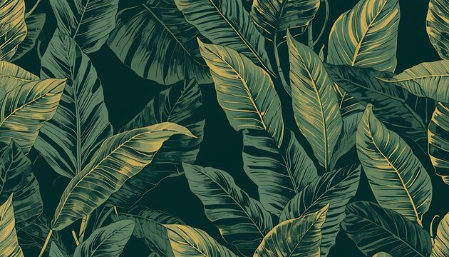 Elegant seamless wallpaper featuring hand-sketched tropical foliage with refined golden banana leaf outlines, arranged in a luxurious botanical pattern for fabric, stationery, covers, and decorative 