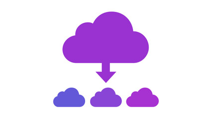 Obraz premium Professional cloud sharing vector icon illustration with a vibrant blue and purple gradient, featuring a large cloud with a download arrow pointing to smaller clouds for data storage concepts.