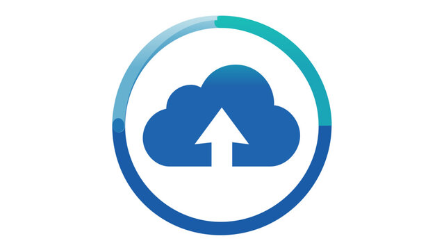Modern teal and blue gradient cloud computing upload vector icon illustration featuring a cloud with an upward arrow inside a circular progress bar for data storage and network connectivity.