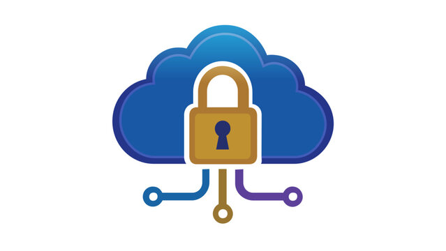 Secure cloud computing and data backup vector icon illustration featuring a blue cloud with a gold padlock and circuit board connection lines, representing cyber security and network storage.