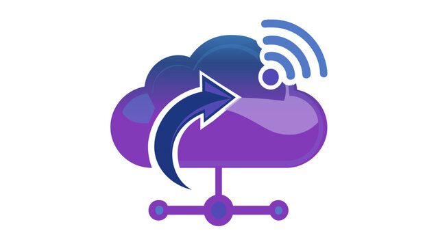 Glossy blue cloud backup and data storage vector icon illustration featuring an upload arrow, wireless signal symbol, and network node connection for cloud computing and technology services.