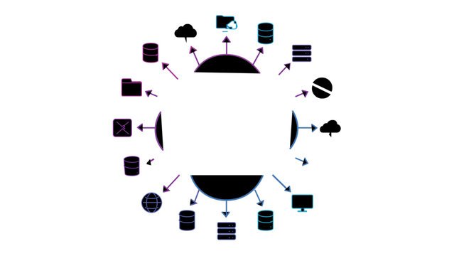 Abstract cloud computing network vector illustration featuring a central hub connected to diverse data icons including servers, databases, folders, and clouds. Minimalist flat design for tech.