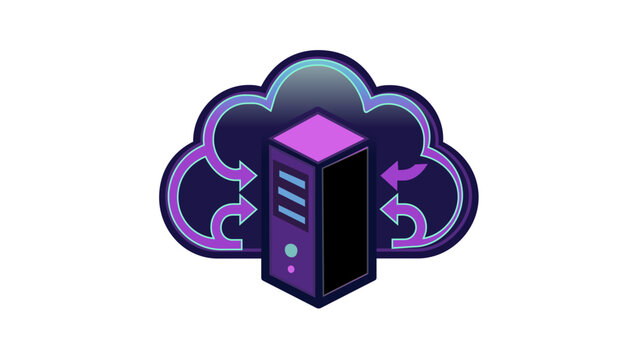 Modern cloud migration and data storage vector icon illustration featuring a server tower with transfer arrows and a digital cloud background for technology, network, and web hosting concepts.