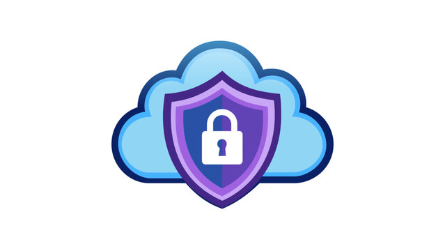 Cloud security vector illustration featuring a blue cloud icon with a protective shield and a white padlock, representing data protection, cybersecurity, and safe cloud computing storage systems.